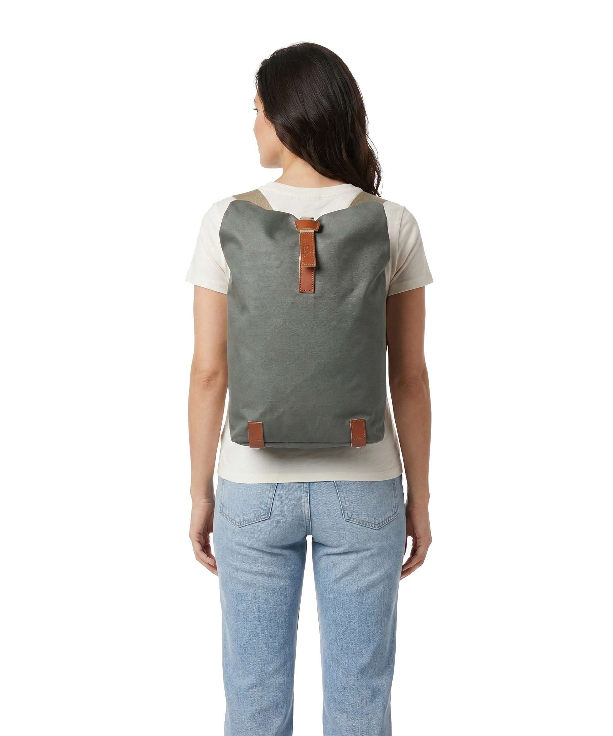 Brooks England Pickwick Cotton Canvas Small Rolltop backpack sage green/honey details - Image 3