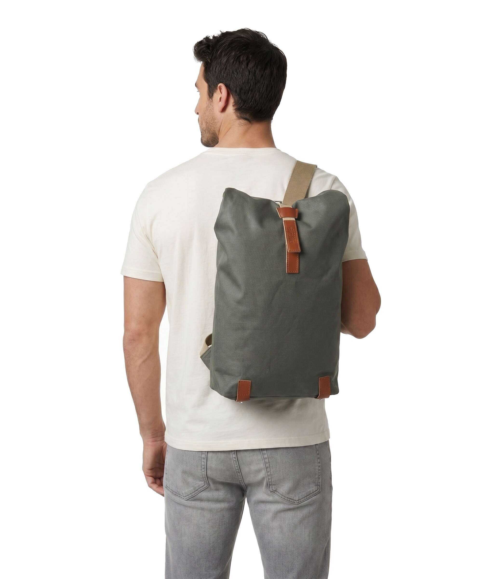 Brooks England Pickwick Cotton Canvas Small Rolltop backpack sage green/honey details - Image 4