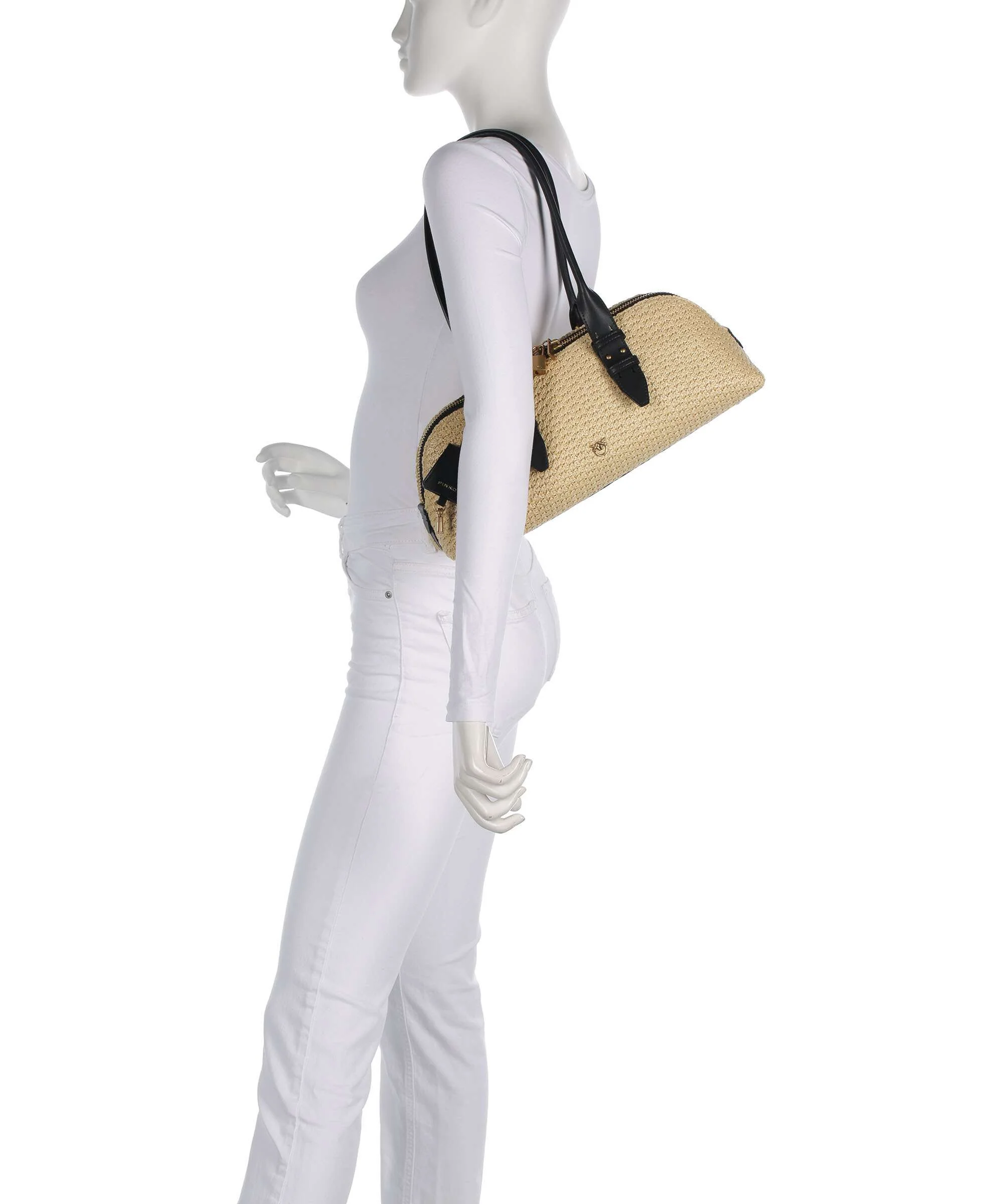 Pinko Bowling Horizontal Big Handbag raffia/bianco/antique gold - Image 3
